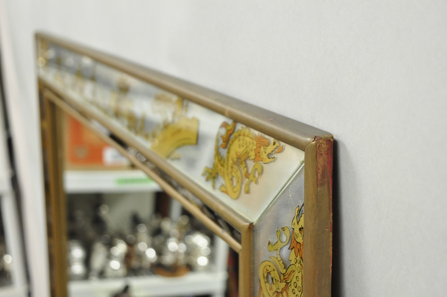 Vintage Chinoiserie Figural Eglomise Reverse Painted Oriental Wall Mirror