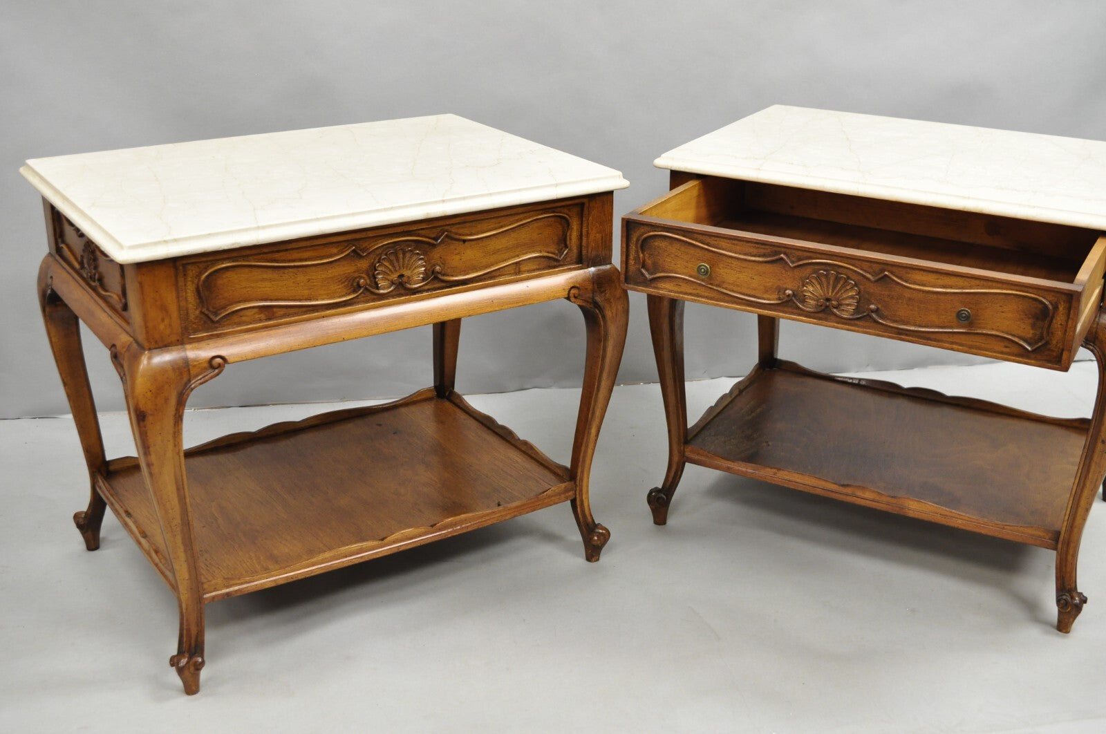 French Country Provincial Rectangle Travertine Marble Top Walnut End Table Pair