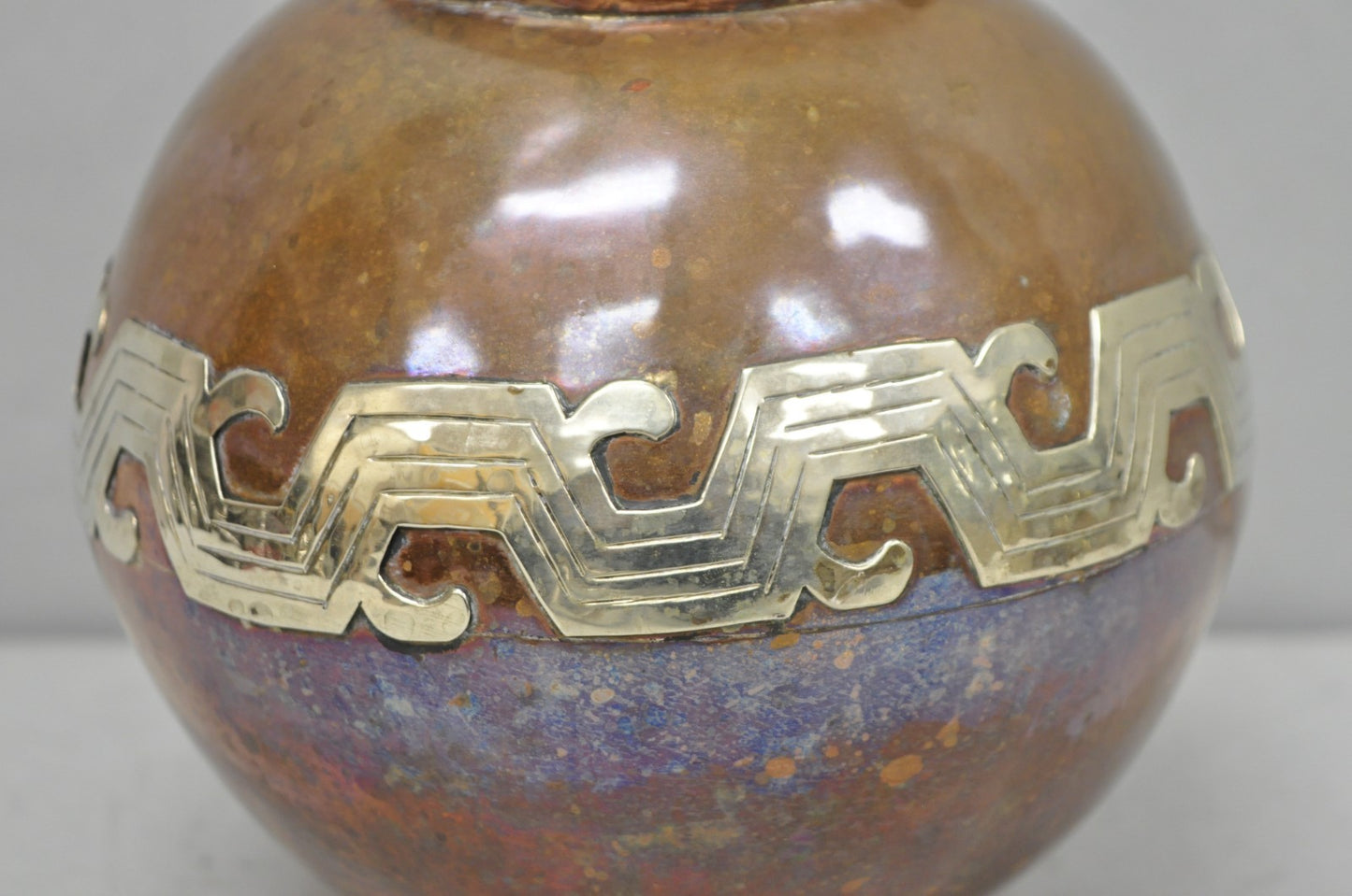 Vintage Artesanias Taxco Mexico Primitive Water Pitcher Silver Mounted Copper