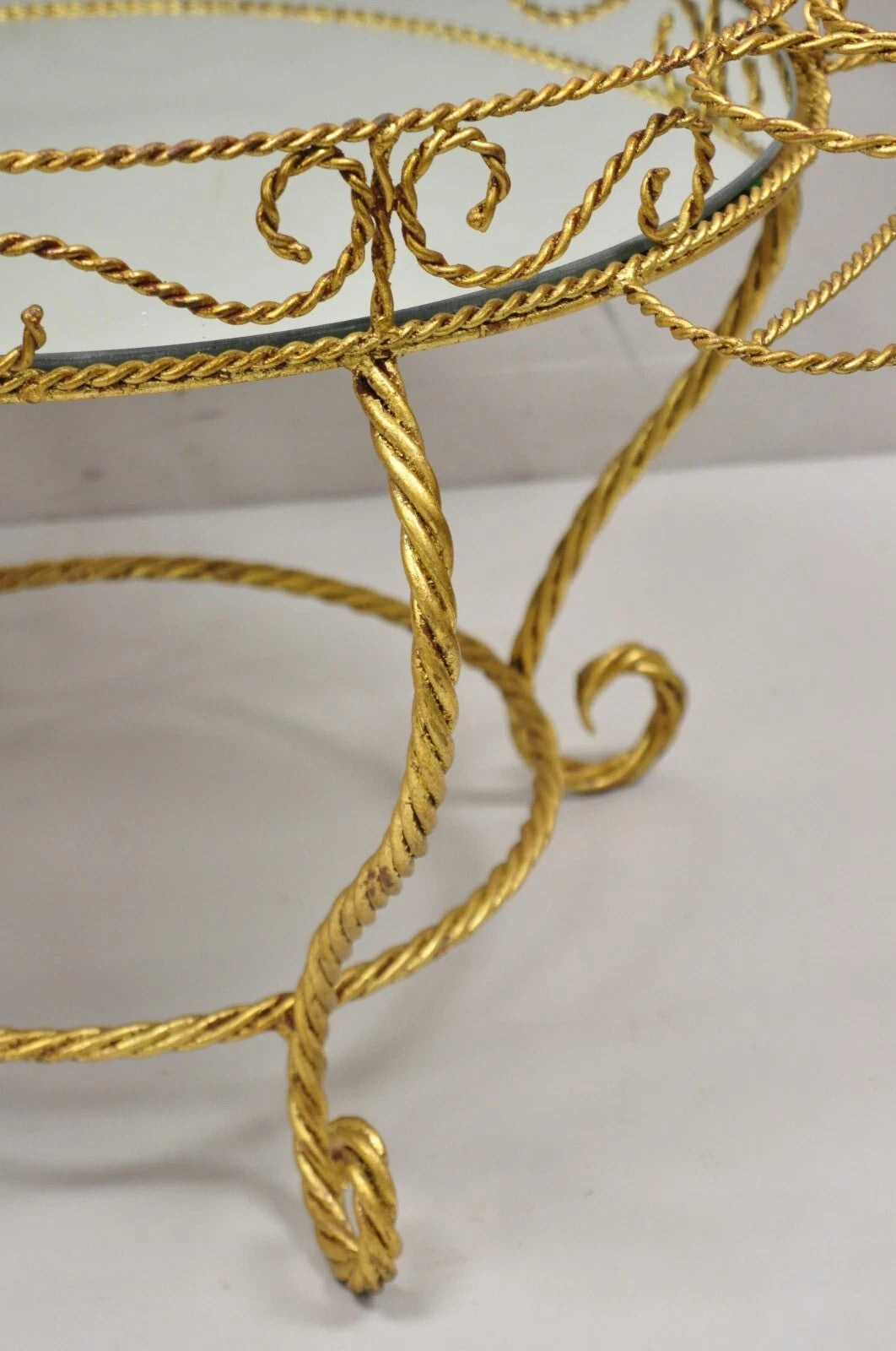 Vintage Italian Hollywood Regency Iron Gold Rope Round Mirror Top Coffee Table