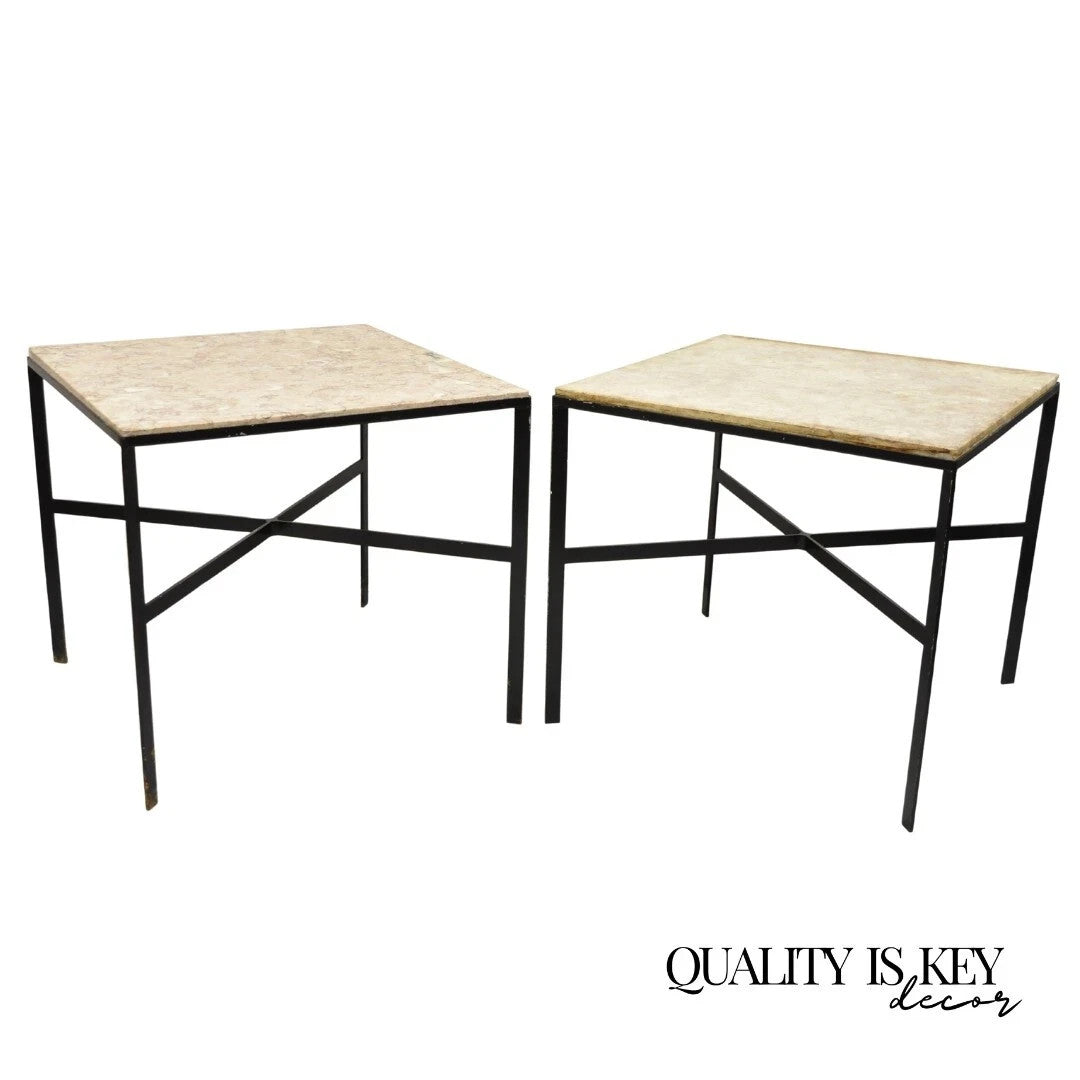 Mid Century Modern Paul McCobb Style Wrought Iron Marble Square Side Table Pair