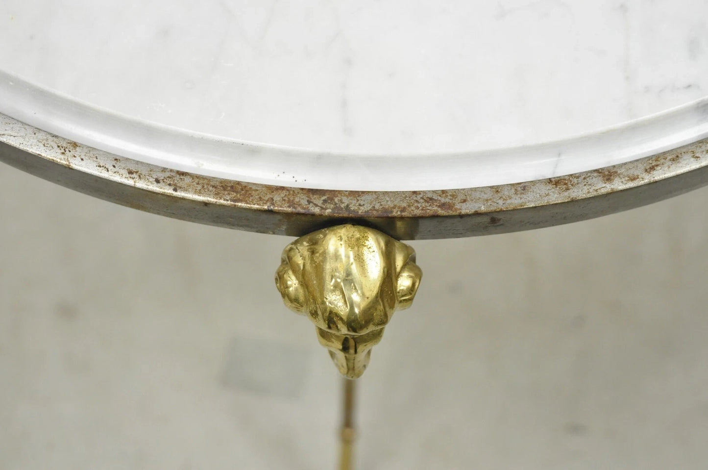 Italian Neoclassical Brass Rams Head Round Marble Steel Gueridon Side Table