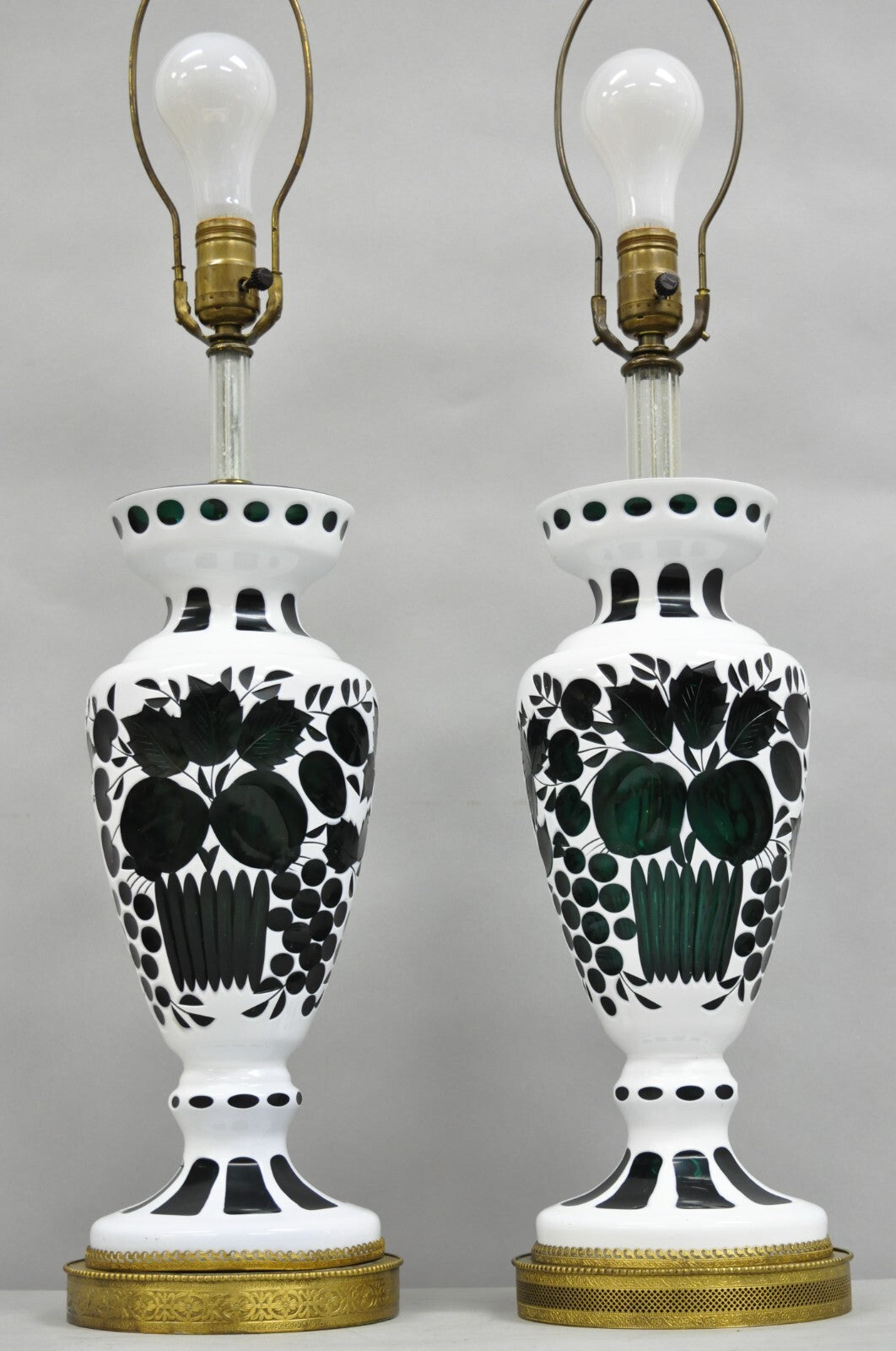 Antique Bohemian Green & White Fruit Harvest Czechoslovakian Table Lamps - Pair