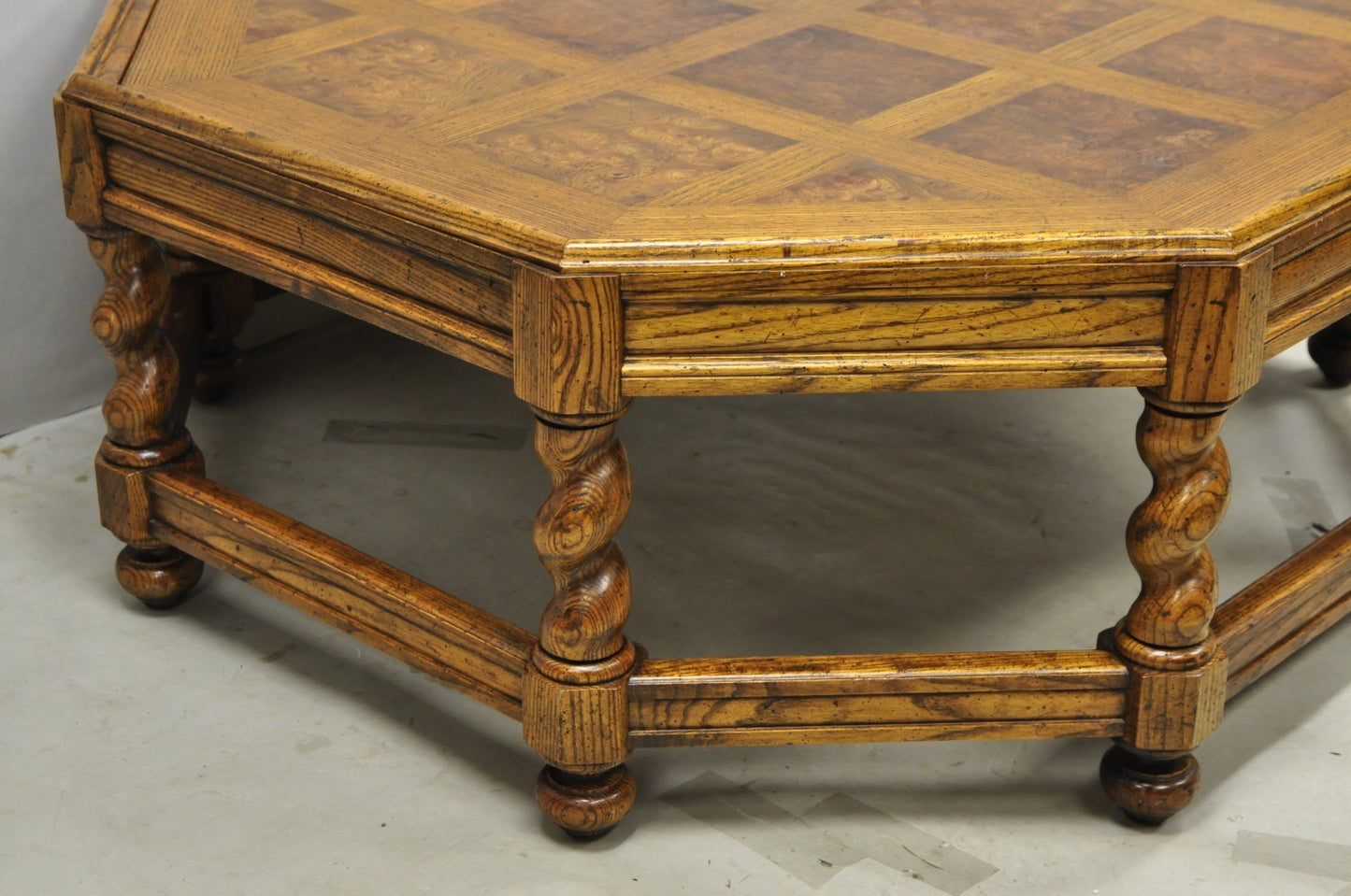 Vintage Baker Barley Twist Oak & Burlwood Parquetry Octagonal Coffee Table