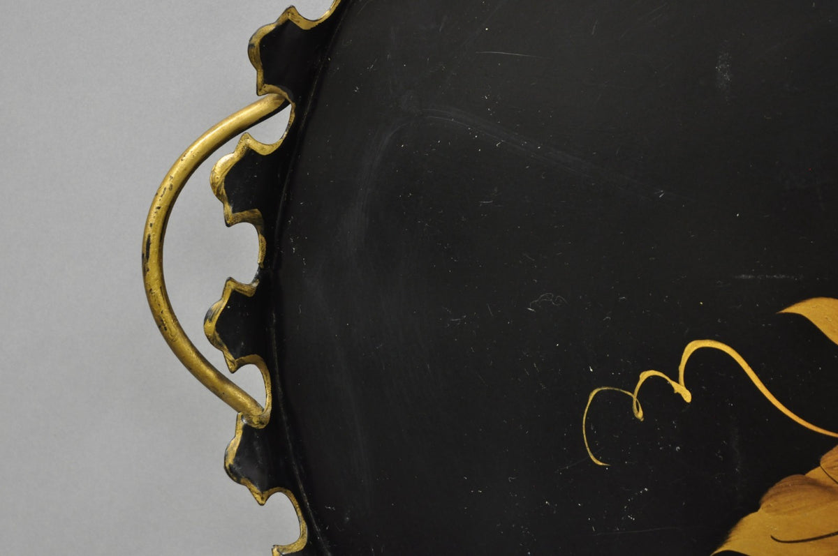 Vintage French Country Black and Gold Hand Painted Oval Toleware Serving Tray