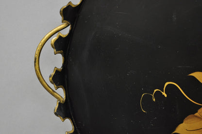 Vintage French Country Black and Gold Hand Painted Oval Toleware Serving Tray