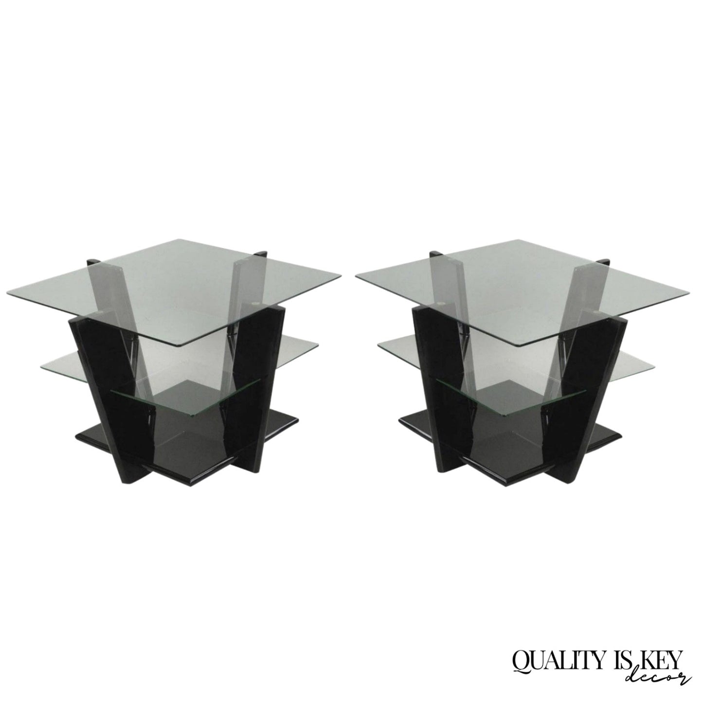 Contemporary Modern Black Lacquer & Glass 3 Tier Space Age End Tables - a Pair