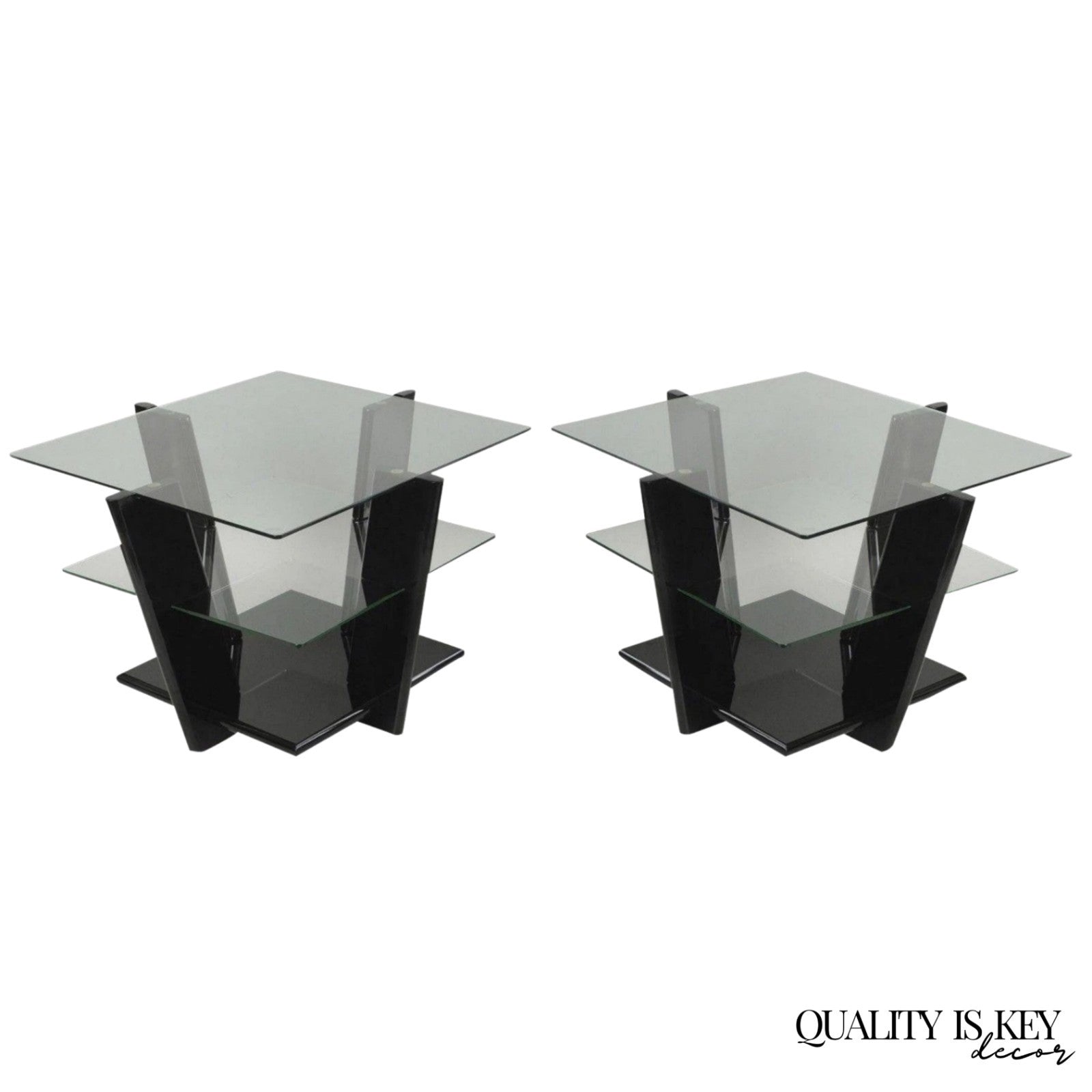 Contemporary Modern Black Lacquer & Glass 3 Tier Space Age End Tables - a Pair