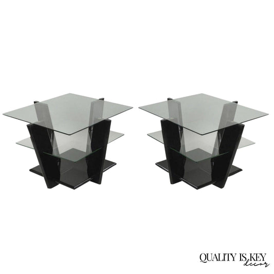 Contemporary Modern Black Lacquer & Glass 3 Tier Space Age End Tables - a Pair