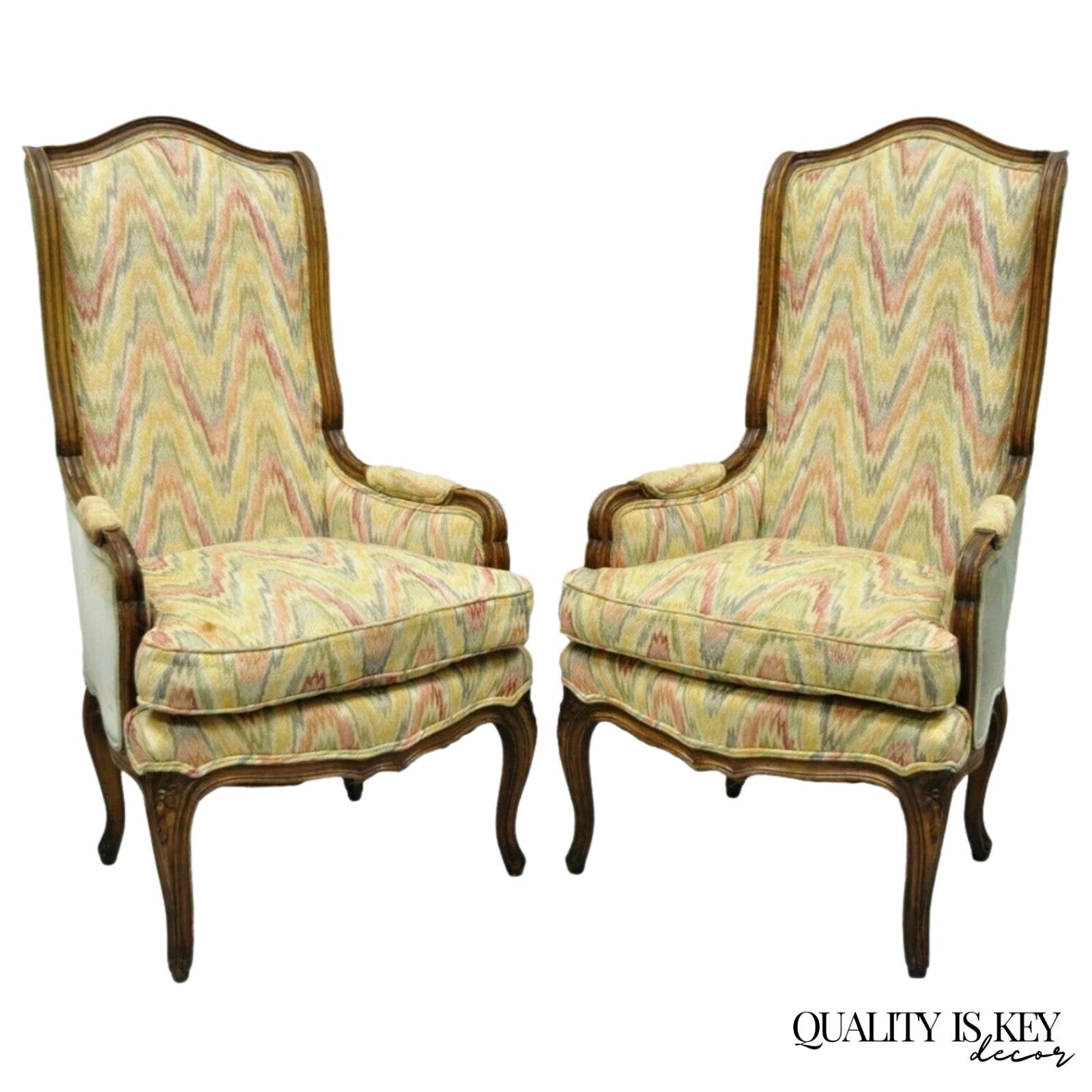 Vintage French Country Provincial High Back Walnut Arm Chairs (A) - a Pair