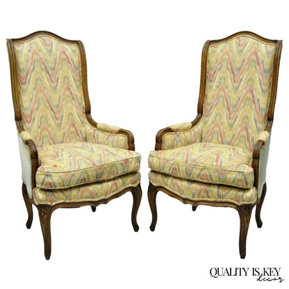 Vintage French Country Provincial High Back Walnut Arm Chairs (A) - a Pair