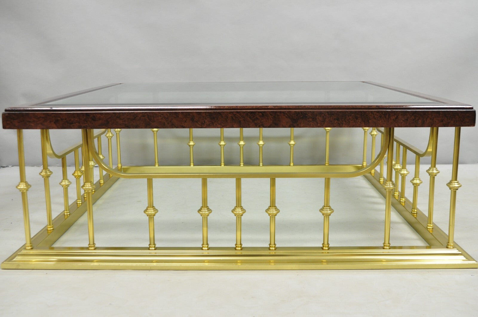 Vintage Erwin Lambeth Burl Walnut Brass Fireplace Fender 42" Square Coffee Table
