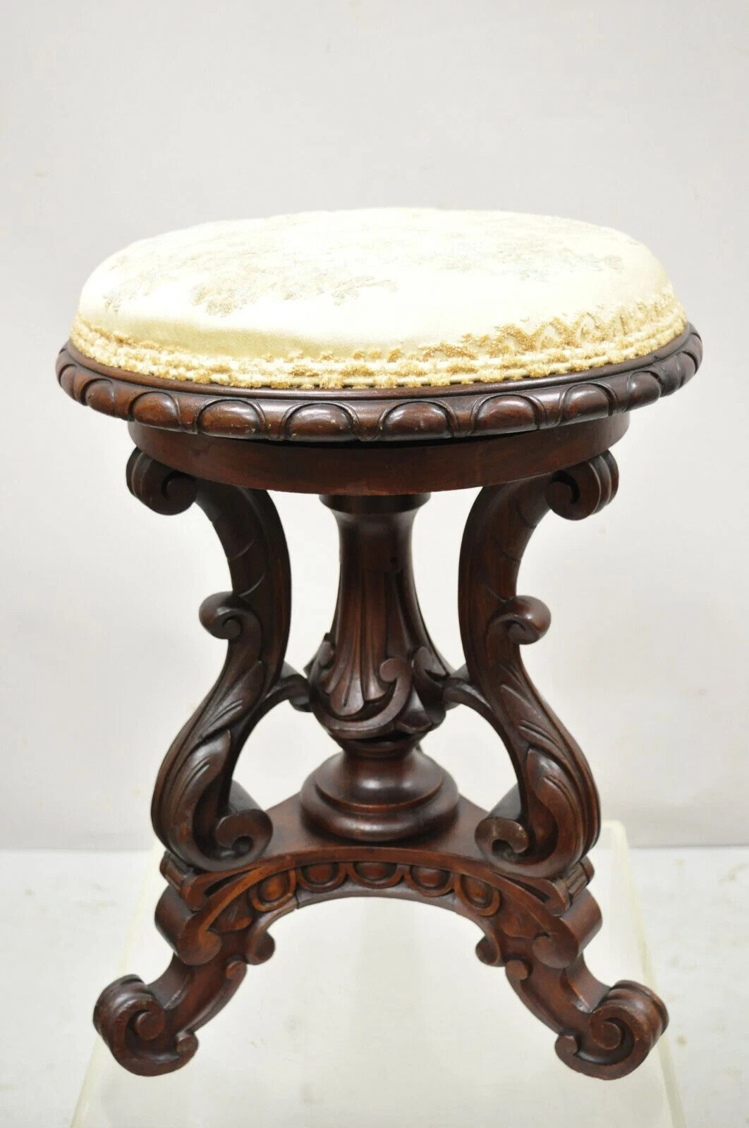 Antique Victorian Carved Walnut Adjustable Height Pedestal Base Piano Stool