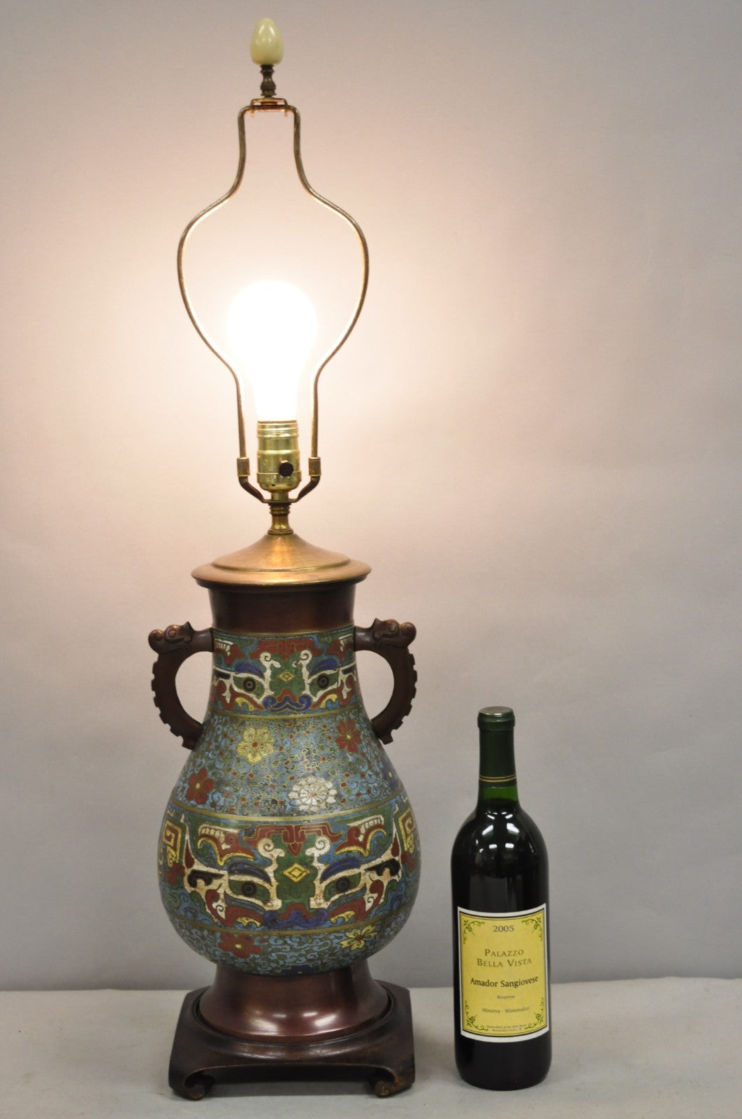 Antique Chinoiserie Blue Cloisonne Enamel Bronze Champleve Vase Table Lamp