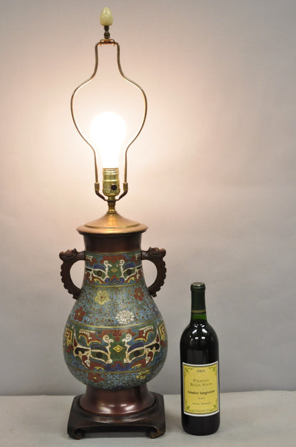 Antique Chinoiserie Blue Cloisonne Enamel Bronze Champleve Vase Table Lamp