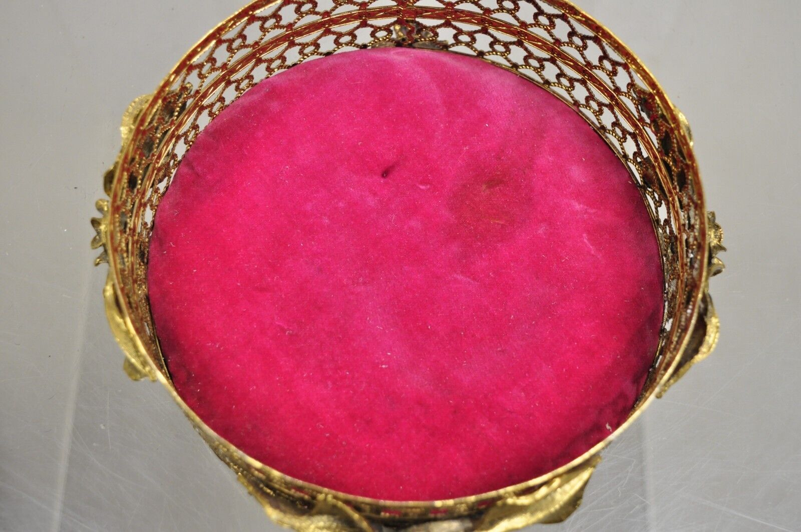 Vintage French Beveled Glass Gold Filigree Round Casket Jewelry Trinket Box
