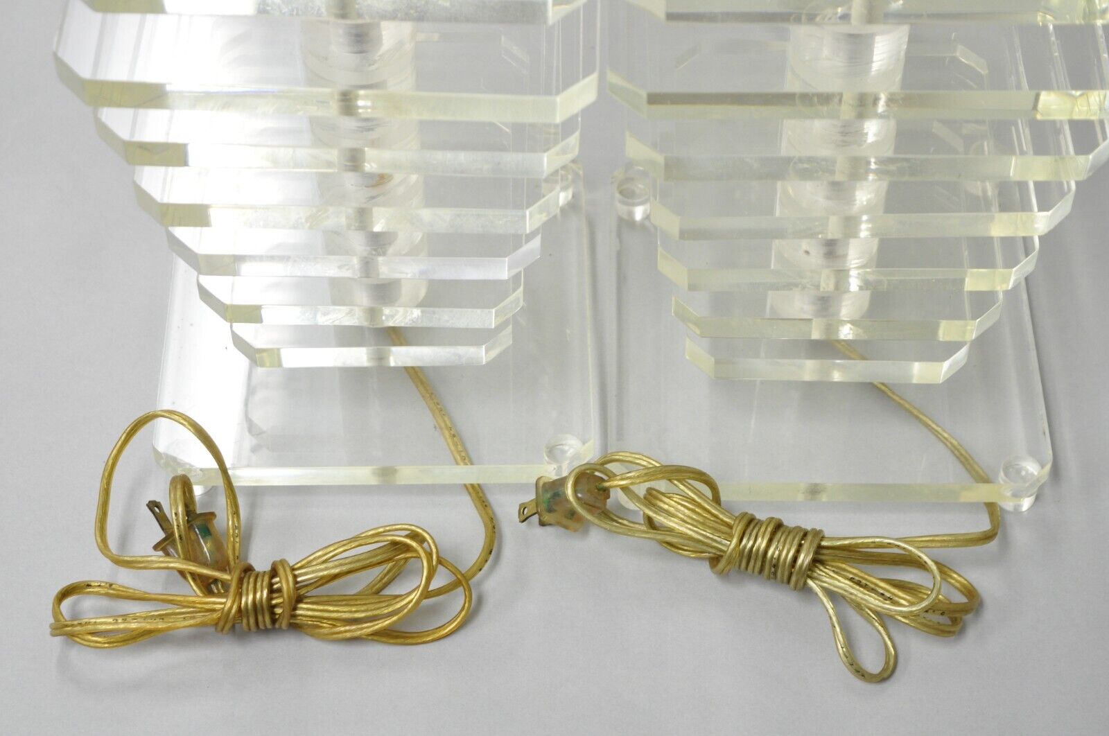 Vintage Mid Century Modern Stacked Lucite Skyscraper Table Lamps - a Pair
