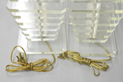 Vintage Mid Century Modern Stacked Lucite Skyscraper Table Lamps - a Pair