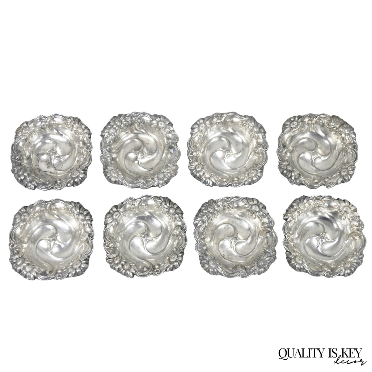 Antique English Art Nouveau Silver Plated Floral Repousse Nut Dish Bowl Set of 8