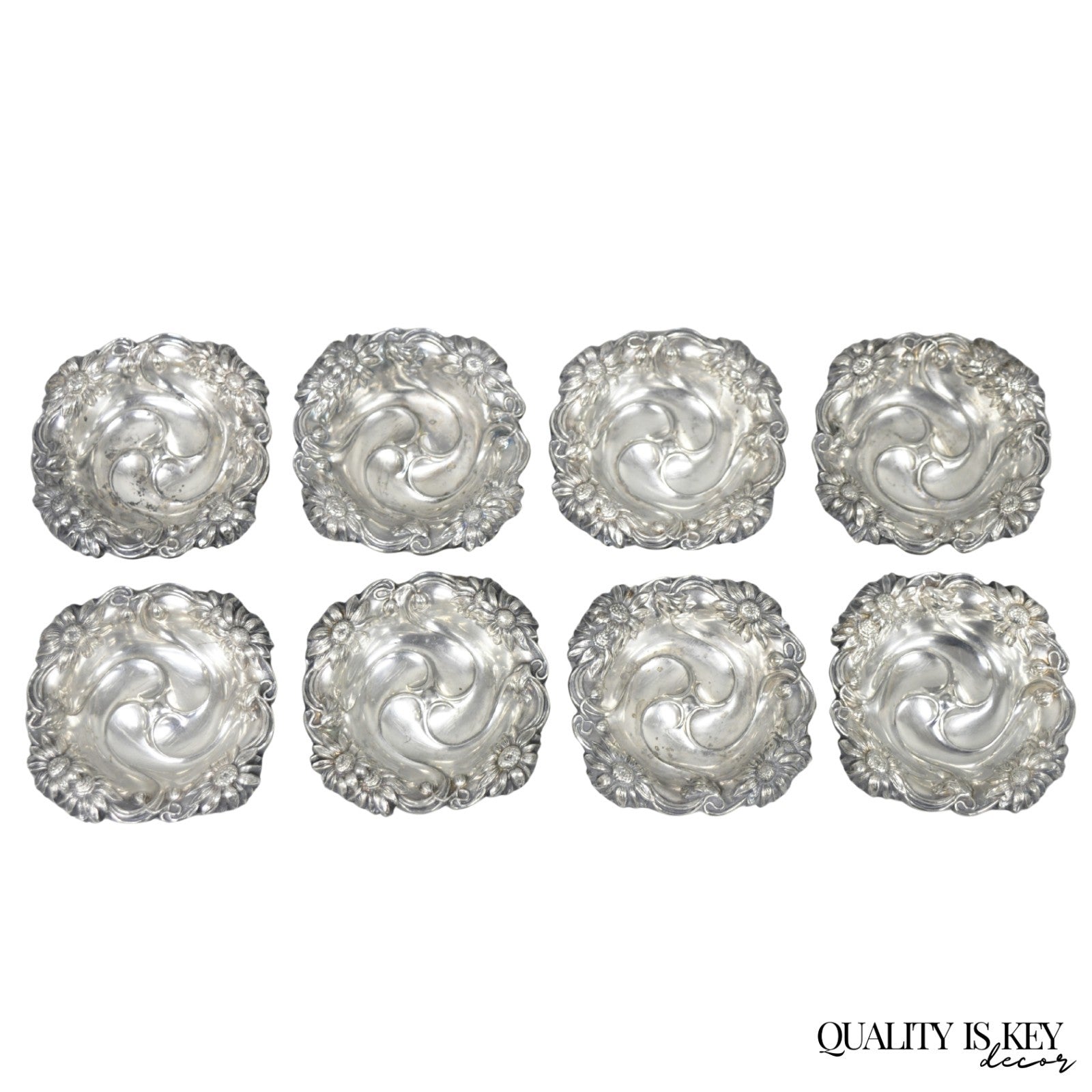 Antique English Art Nouveau Silver Plated Floral Repousse Nut Dish Bowl Set of 8