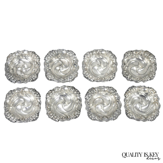 Antique English Art Nouveau Silver Plated Floral Repousse Nut Dish Bowl Set of 8