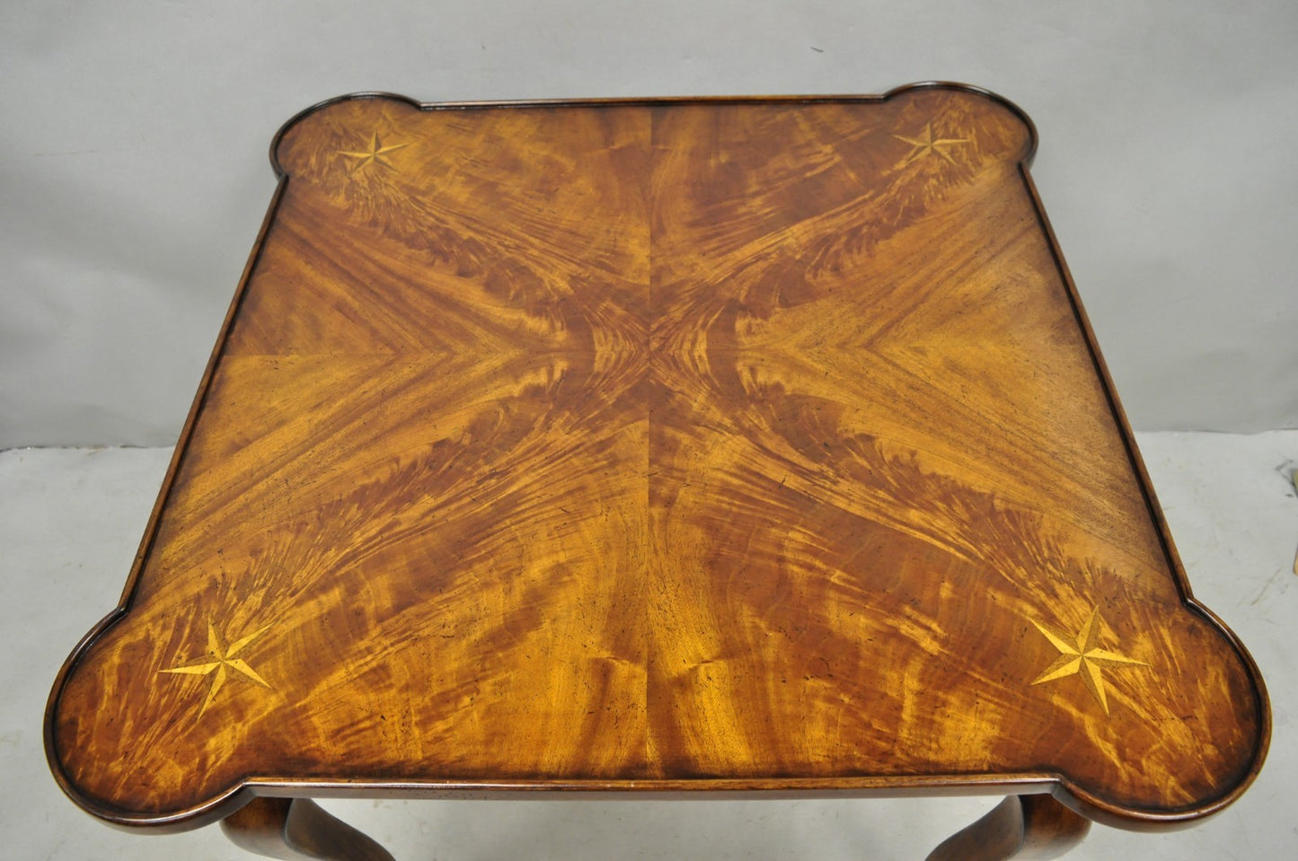 Contemporary Italian Regency Style Star Inlay Cabriole Leg Burl Wood Game Table