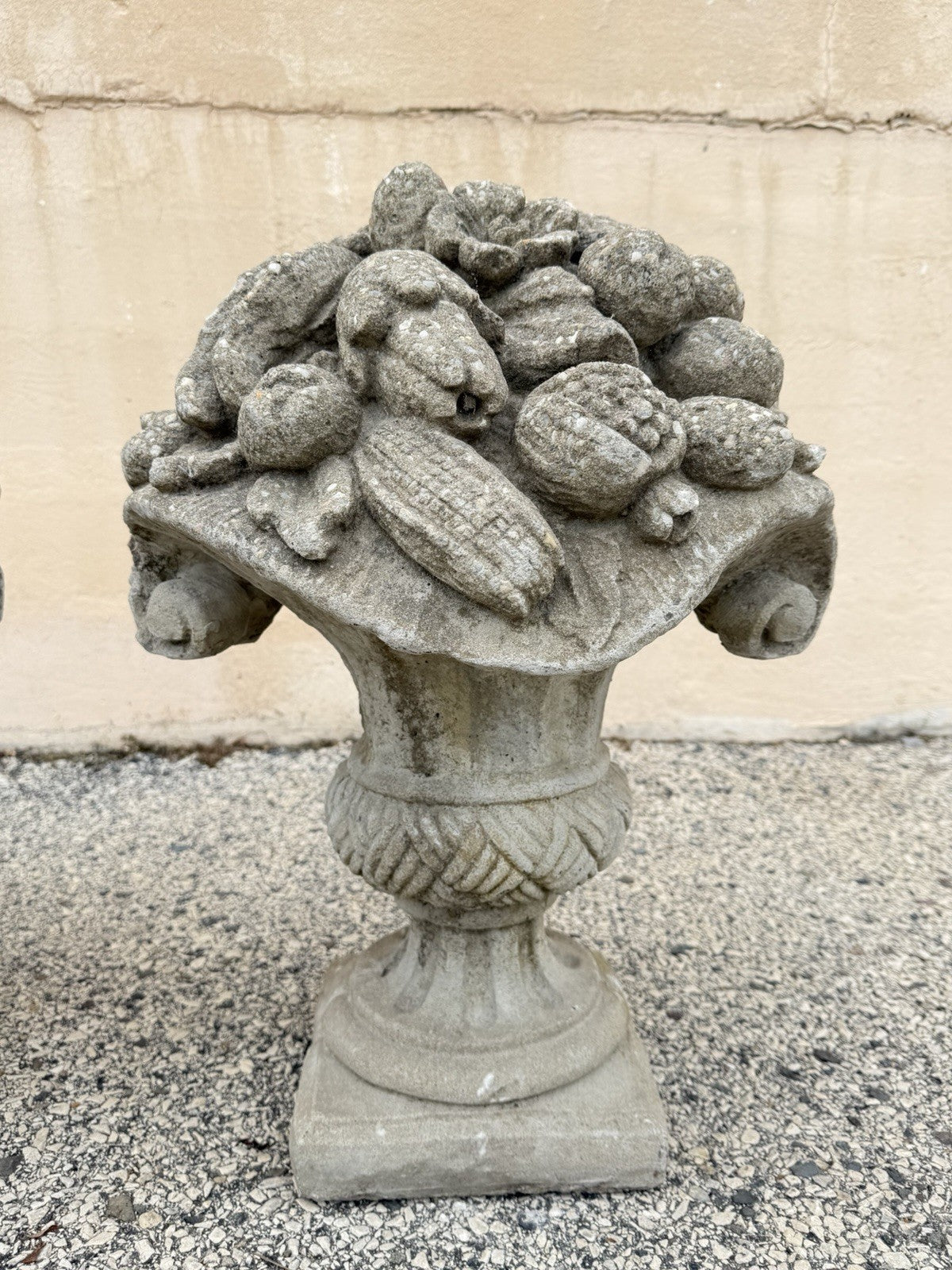 Vintage Cast Cement Stone 26" Fruit & Flower Basket Garden Lawn Ornament - Pair