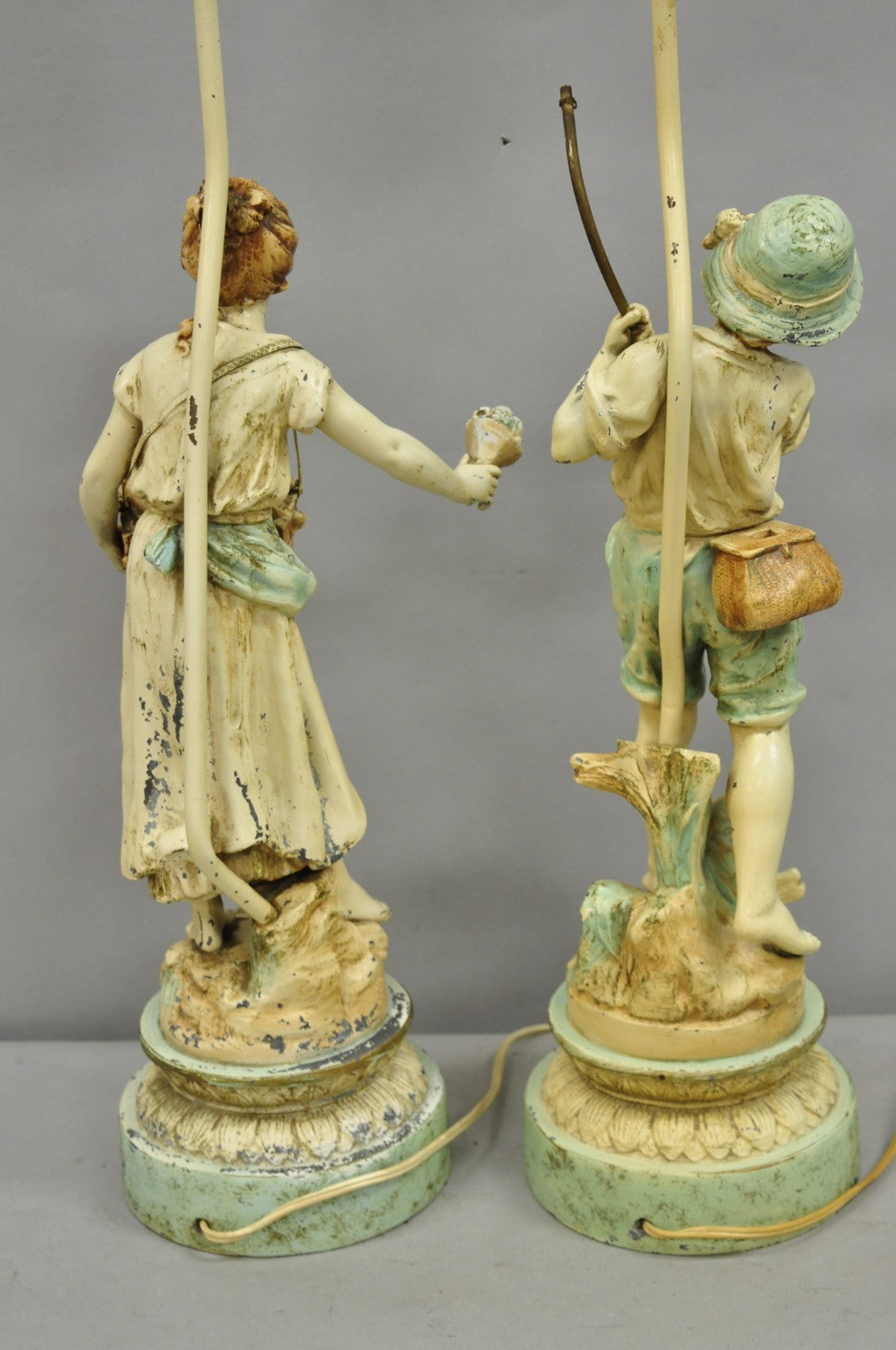 Vintage French Renaissance Moreau Metal Boy and Girl Figural Table Lamp - a Pair