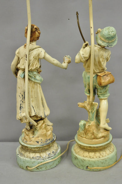 Vintage French Renaissance Moreau Metal Boy and Girl Figural Table Lamp - a Pair