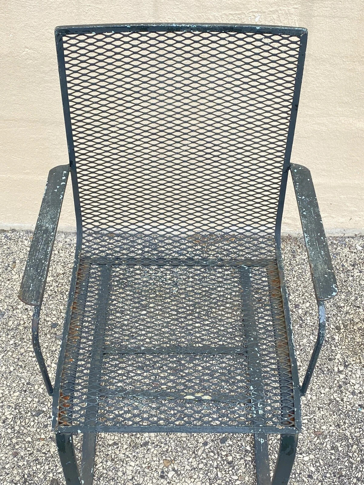 Vintage Mid Century Modern Wrought Iron Metal Mesh Spring Cantilever Patio Chair