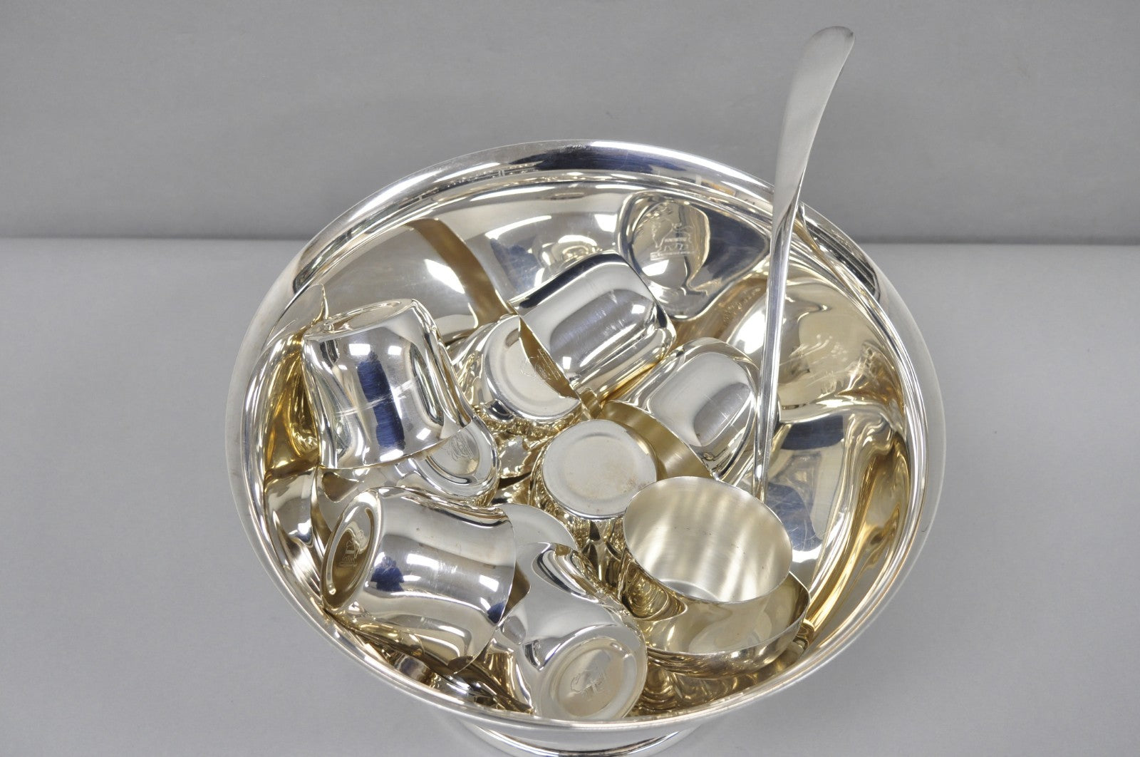 Vintage Sheridan Mid Century Modern Silver Plated Punch Bowl Set w/ 10 Cups