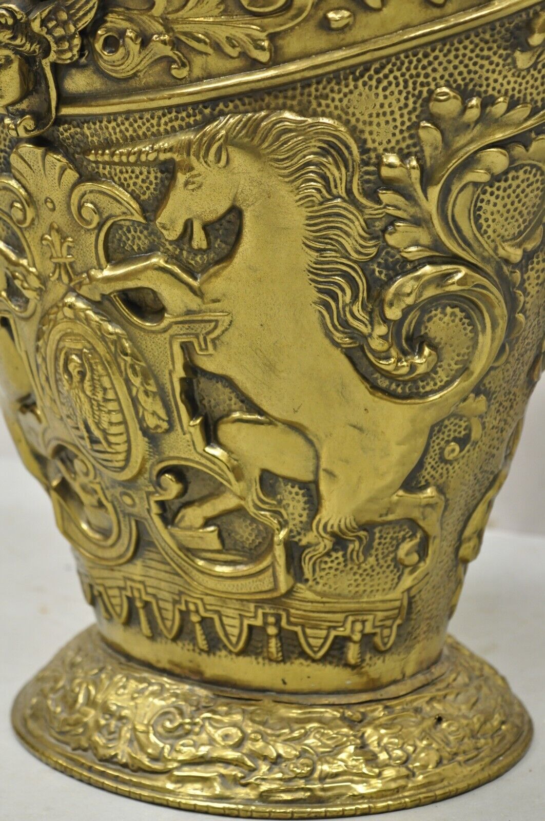 Antique English Renaissance Unicorn, Lion Shield Figural Brass Coal Bucket Bin