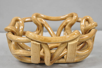 Vintage Modernist Brown Woven Pottery Clay Creations Ceramic Fruit Bowl Basket