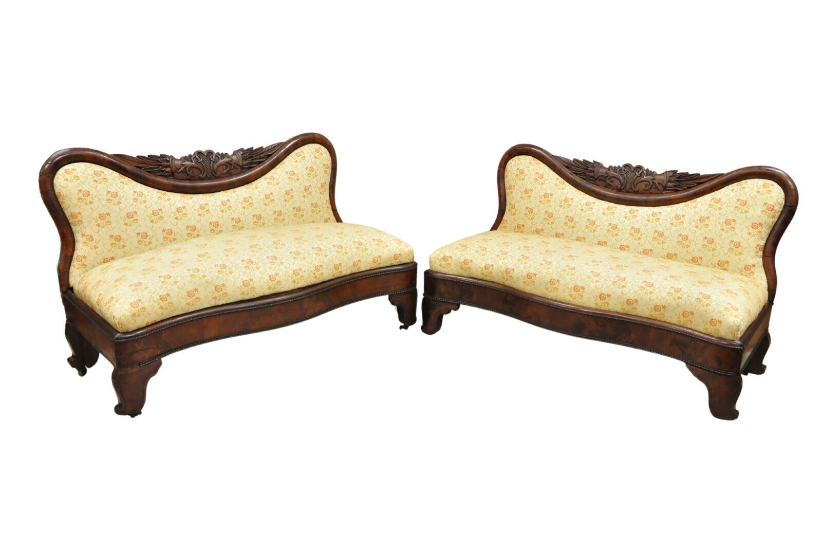 Antique American Empire Cornucopia Carved Mahogany Slipper Bench - a Pair