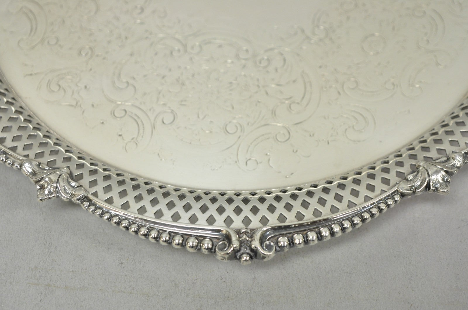 Vintage Barker Ellis English Edwardian Silver Plated Pierced Round Platter Tray