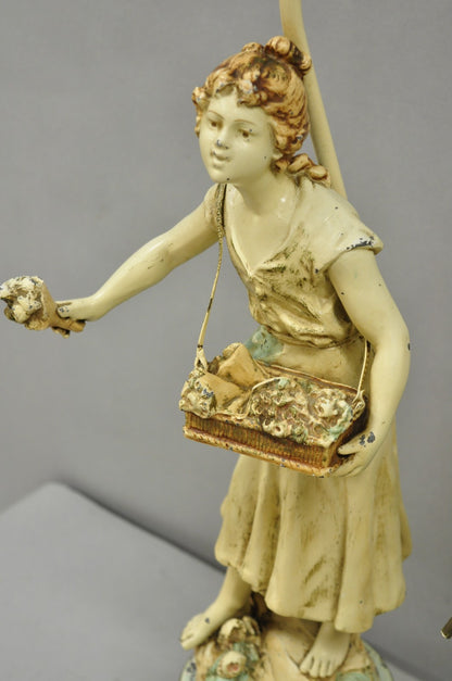 Vintage French Renaissance Moreau Metal Boy and Girl Figural Table Lamp - a Pair