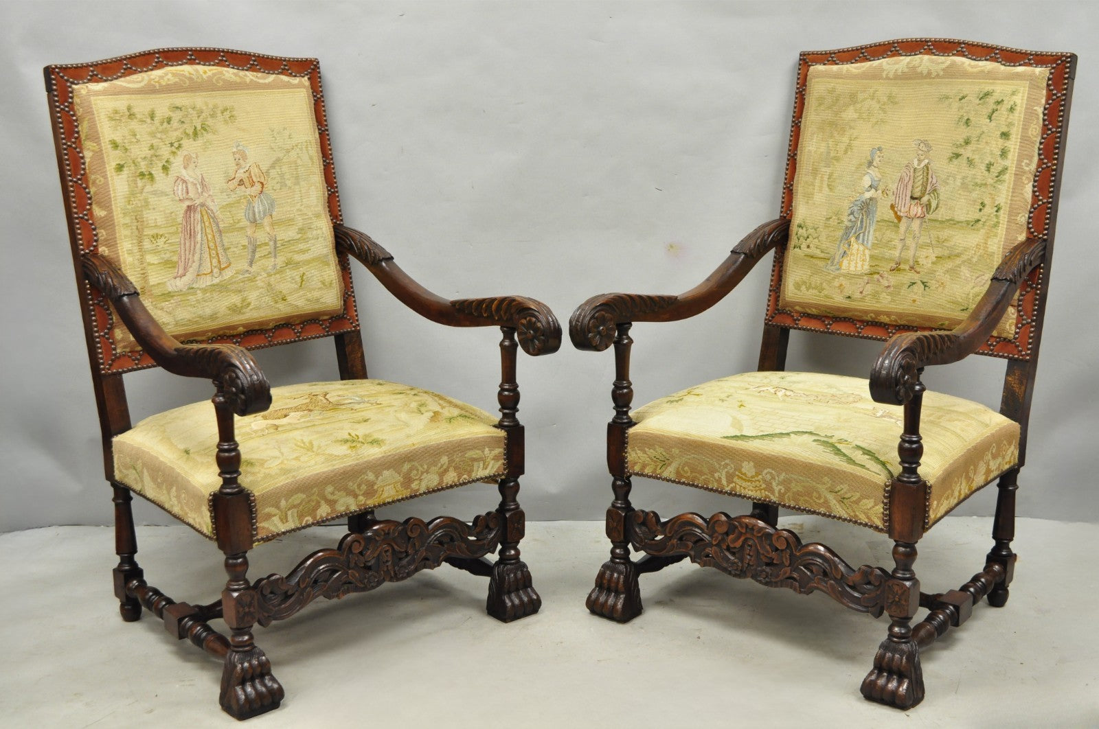 Antique French Louis XIV Style Needlepoint Tapestry Carved Walnut Arm Chair Pair