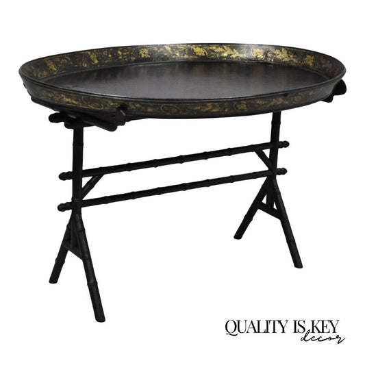 19th C. English Victorian Leather Tole Tray Coffee Table on Faux Bamboo Base