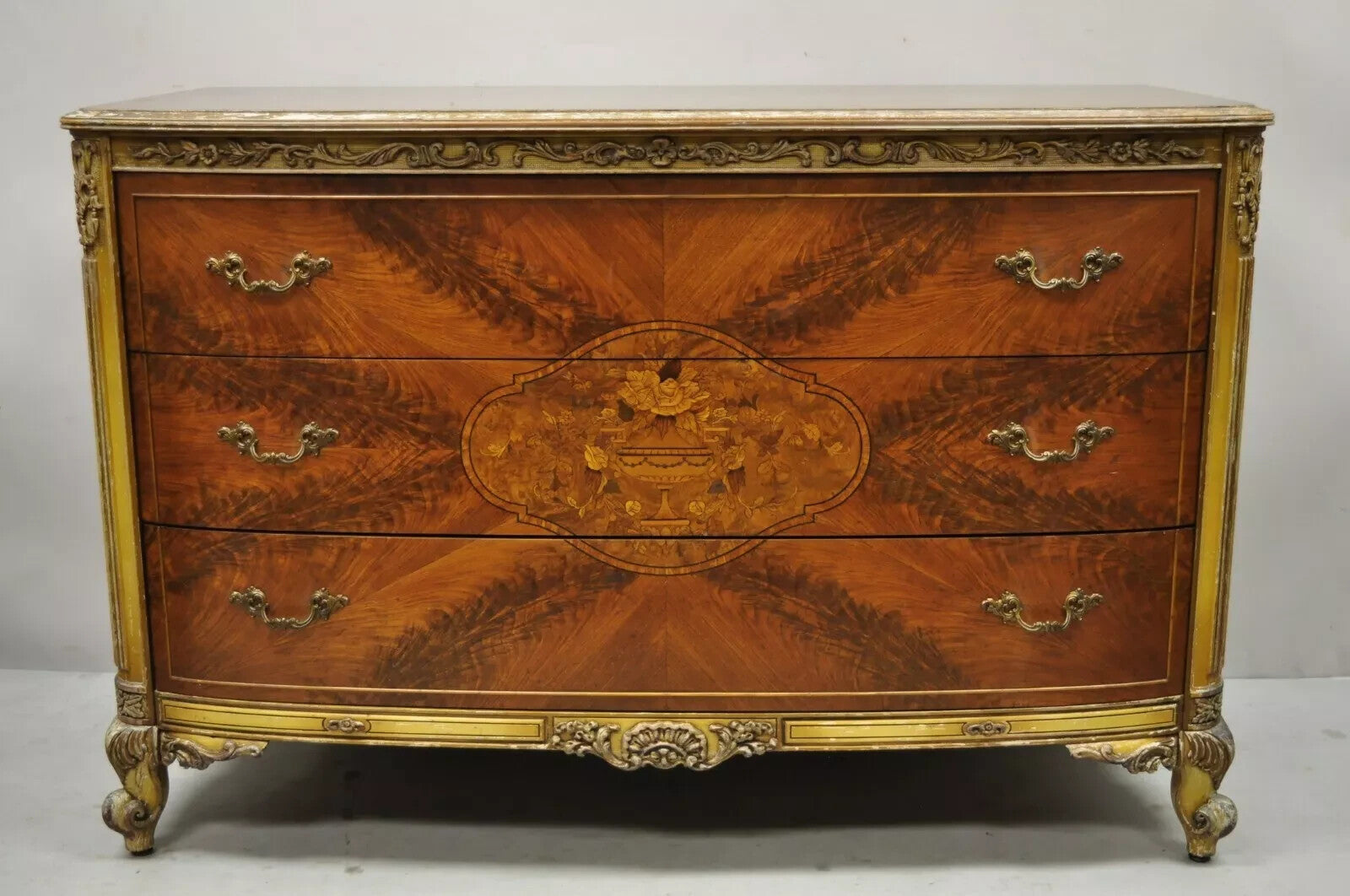 Antique French Louis XV Floral Satinwood Inlay Mahogany Chest Dresser & Mirror