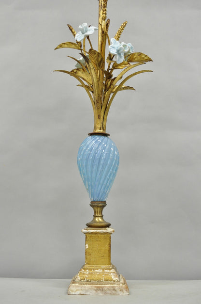 Italian Hollywood Regency Blue Murano Glass Gold Leaf Wheat Sheaf Table Lamp