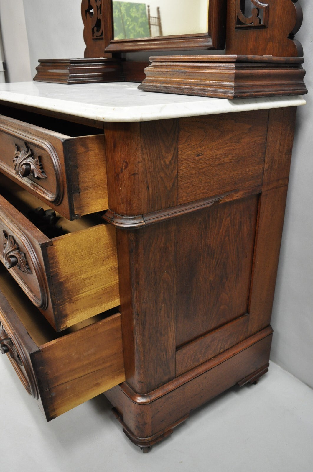 Antique Eastlake Victorian Carved Walnut Marble Washstand Dresser with Mirror