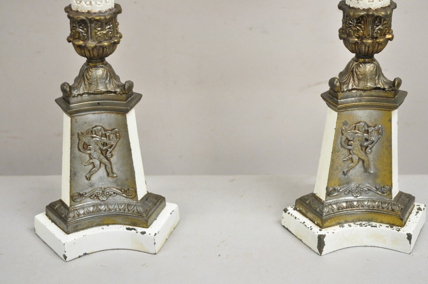 Vintage French Empire Style Candlestick Candelabra Brass Table Lamps - a Pair