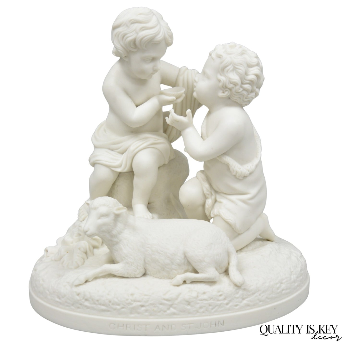 French Parian Porcelain Bisque "Feed My Lambs" Christ & St John Statue Sculpture