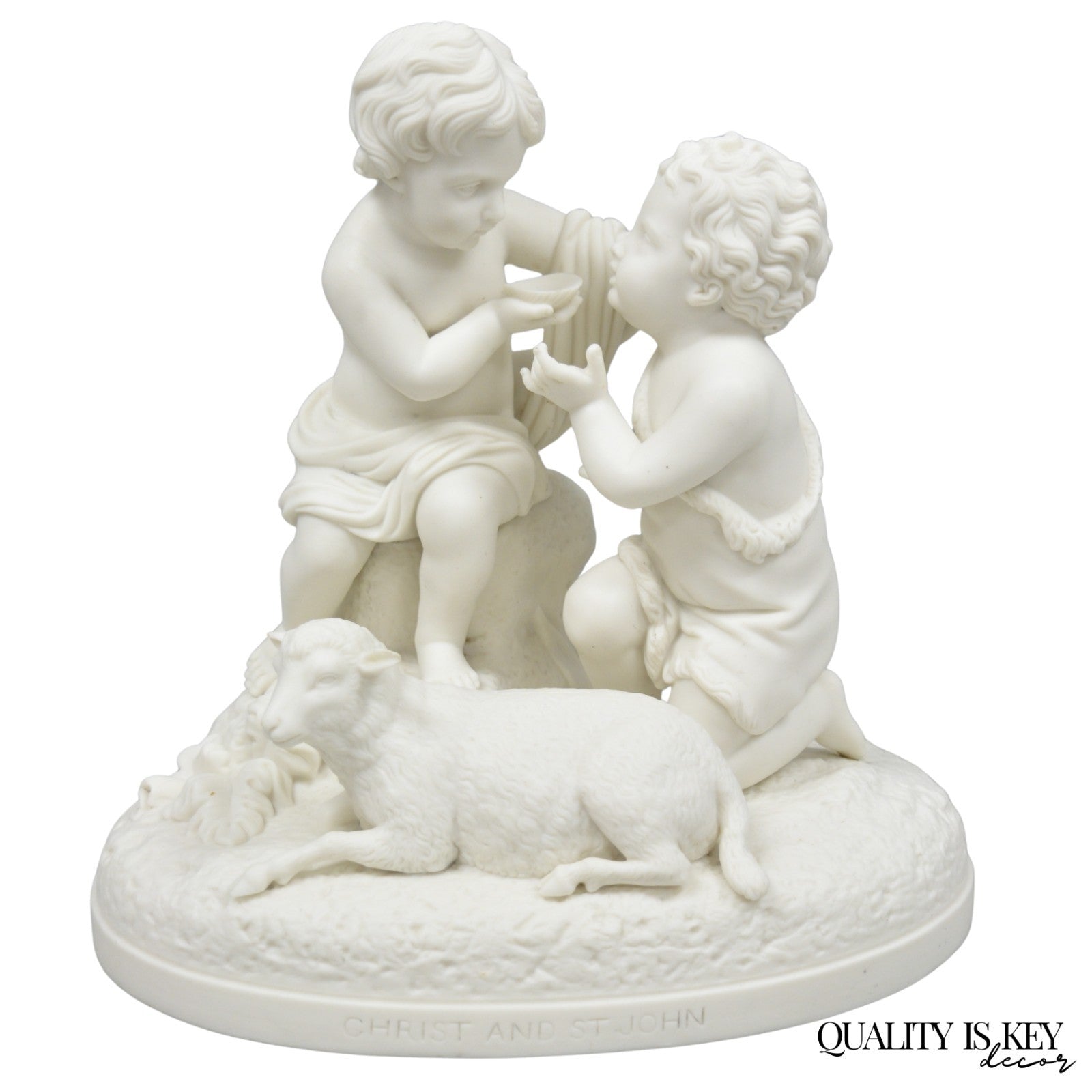 French Parian Porcelain Bisque "Feed My Lambs" Christ & St John Statue Sculpture
