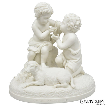 French Parian Porcelain Bisque "Feed My Lambs" Christ & St John Statue Sculpture