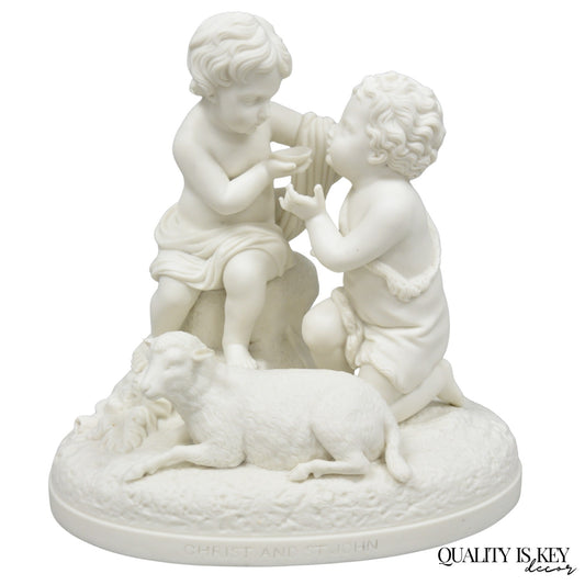 French Parian Porcelain Bisque "Feed My Lambs" Christ & St John Statue Sculpture
