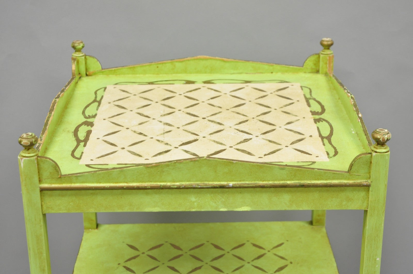 Vintage Italian Venetian Green Distress Painted 3 Tier French Country Side Table