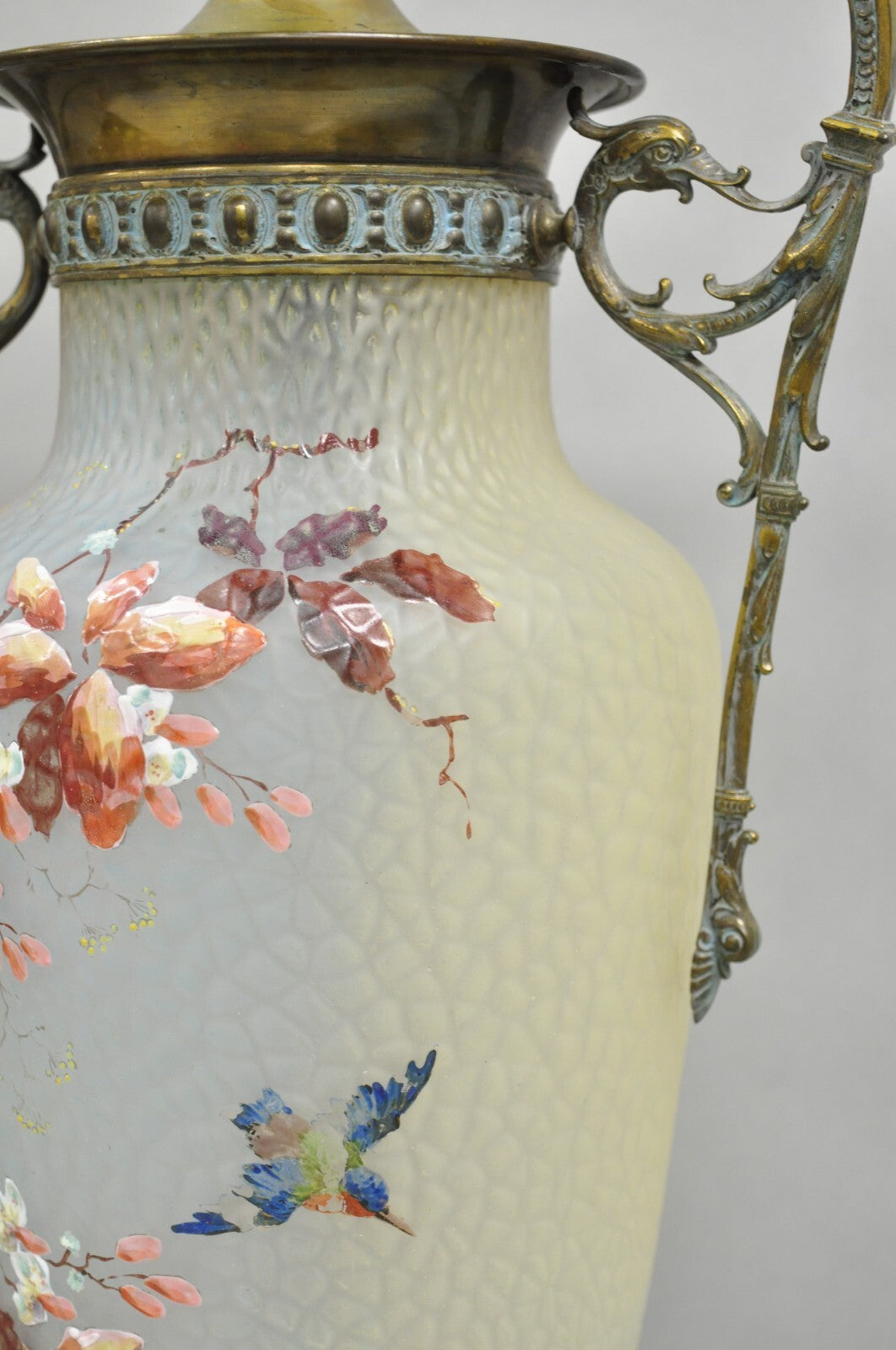 Antique English Victorian Rainbow Glass Hand Painted Birds Table Lamp - a Pair