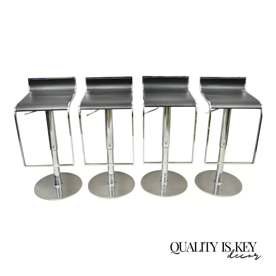 Modern Chrome and Steel Black Leather Adjustable Swivel Bar Stools - Set of 4