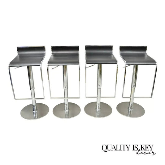 Modern Chrome and Steel Black Leather Adjustable Swivel Bar Stools - Set of 4